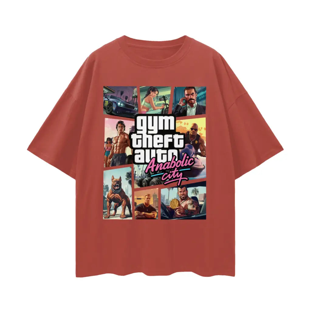 Gym Theft Auto - Drop Shoulder T-shirt - Brick Red / s