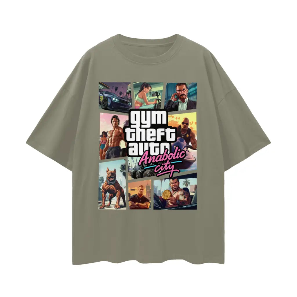 Gym Theft Auto - Drop Shoulder T-shirt - Gray Green / s